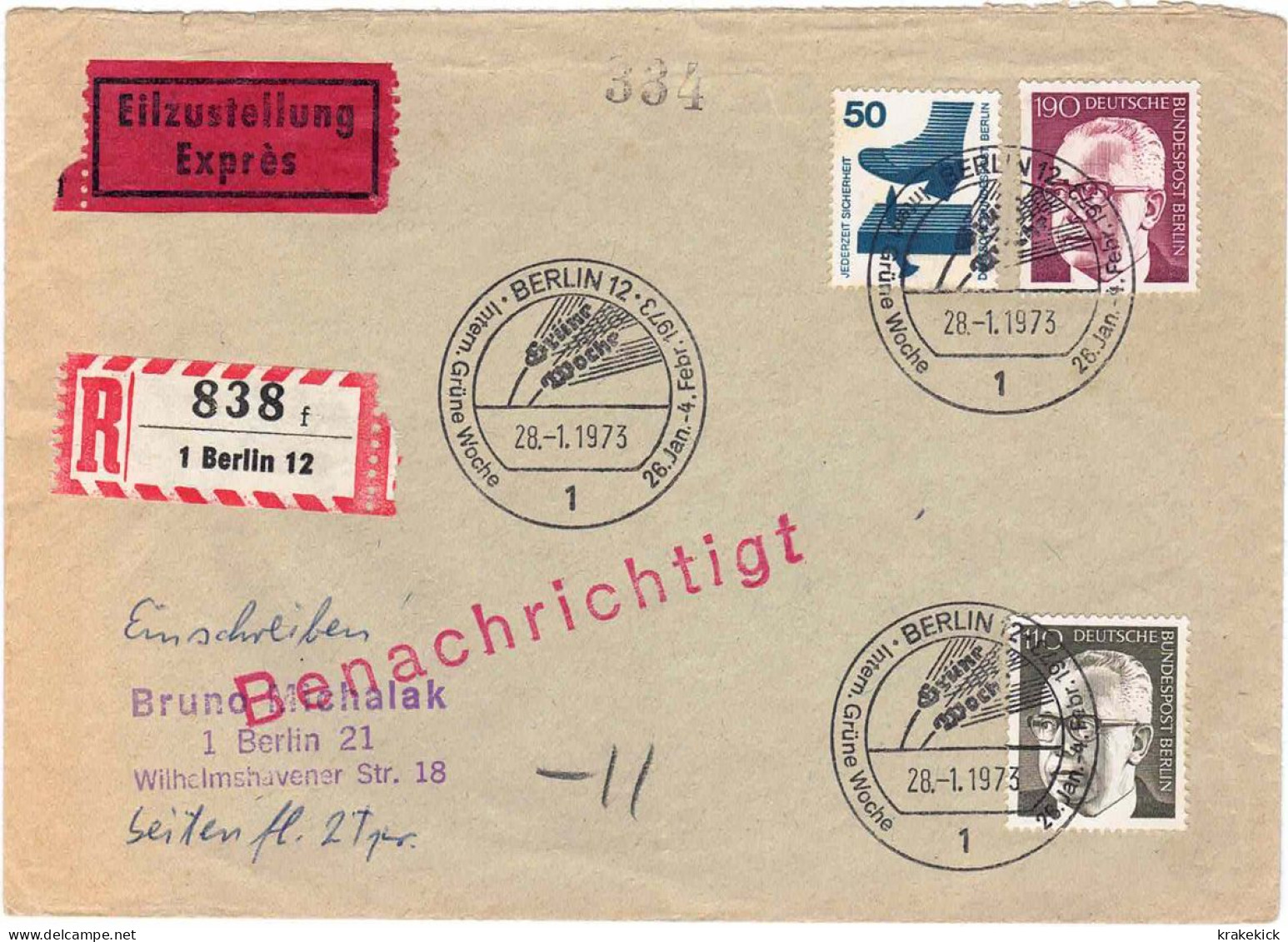 Deutsche Bundespost, 1973, R-Brief Mit Sonderstempel Int. Grüne Woche (Ähren), Mit Zahlreichen Vermerken Auf Rückseite - Alimentation