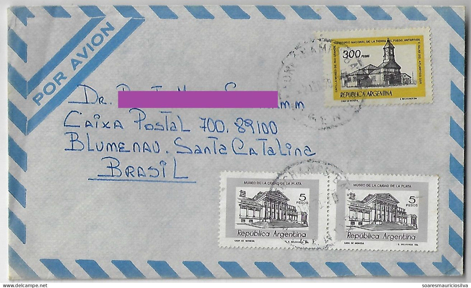 Argentina 1979 Airmail Cover Sent From Longchamps To Blumenau Brazil 3 Stamp Architecture - Cartas & Documentos