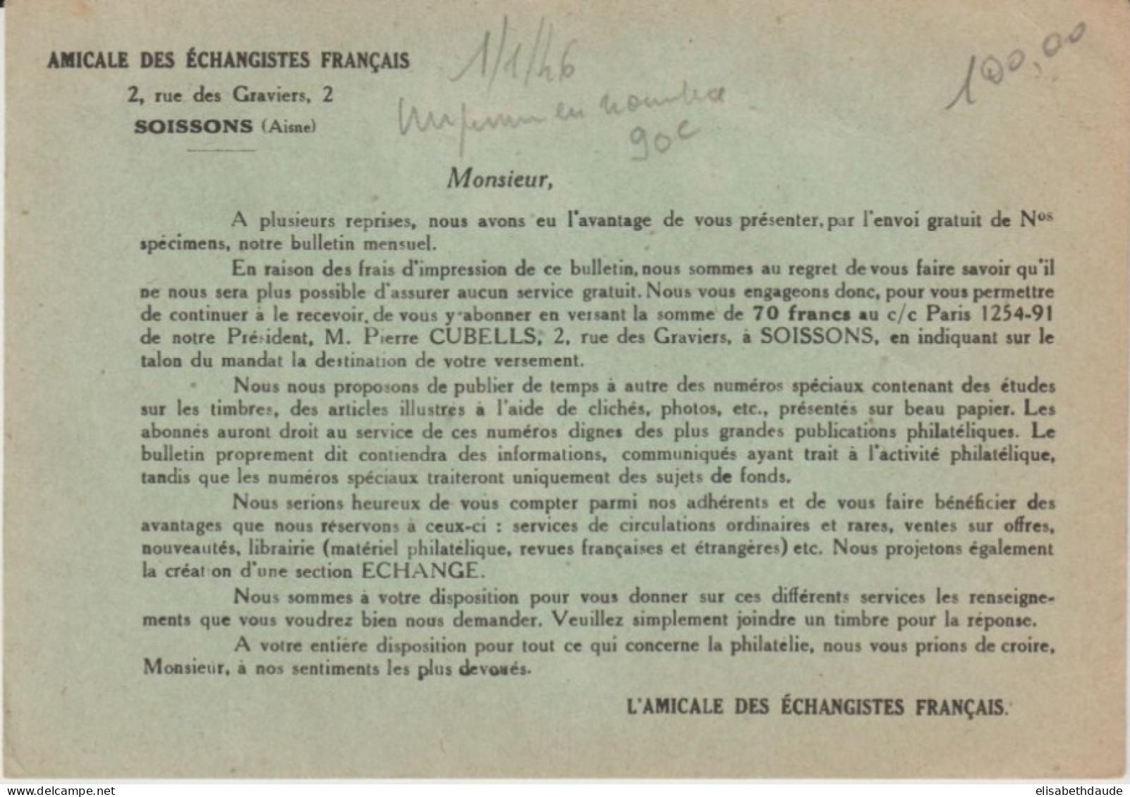 MAZELIN PREOBLITERE ! - CP De SOISSONS (AISNE) Avec "SUPPLEMENT PAYE : 0.3" ! => BORDEAUX - 1945-47 Cérès Van Mazelin