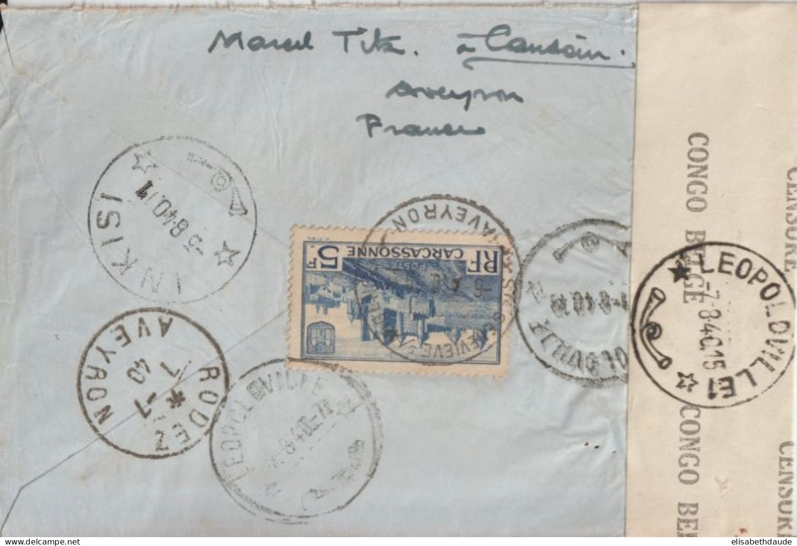 1940 - ENVELOPPE RECO CENSURE CONGO BELGE ! De STE GENEVIEVE S/ ARGENCE (AVEYRON) ! => LEOPOLDVILLE => INKISI !! - Storia Postale