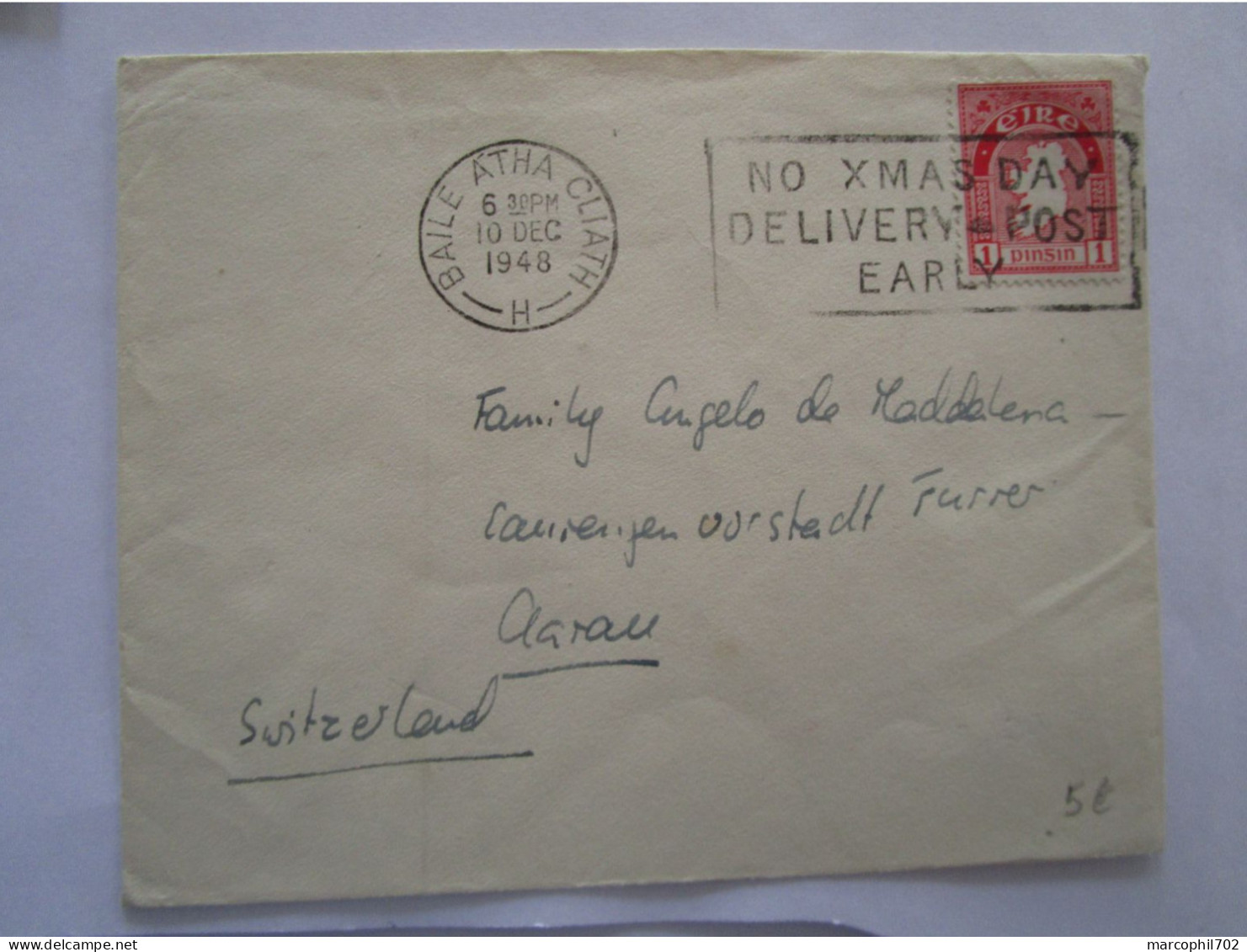 Lettre D'irlande Pour La Suisse 10/12/48 - Cartas & Documentos