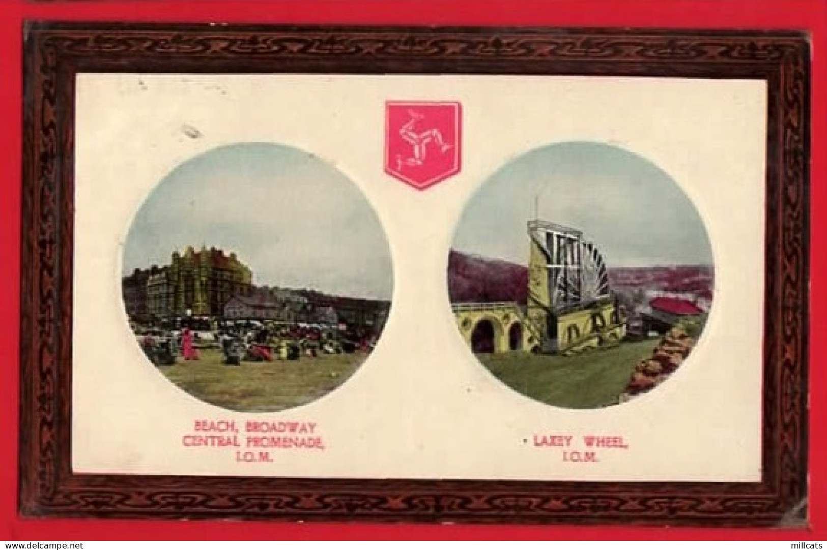 ISLE OF MAN  TWO VIEW CARD HERALDIC AND BROWN FRAME BORDER Pu 1909 - Isle Of Man