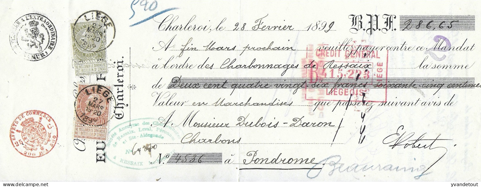 Quittance. Chèque. 1899 Eugène Robert Namur La Louvière Bruxelles Pondrôme Liège - 1800 – 1899