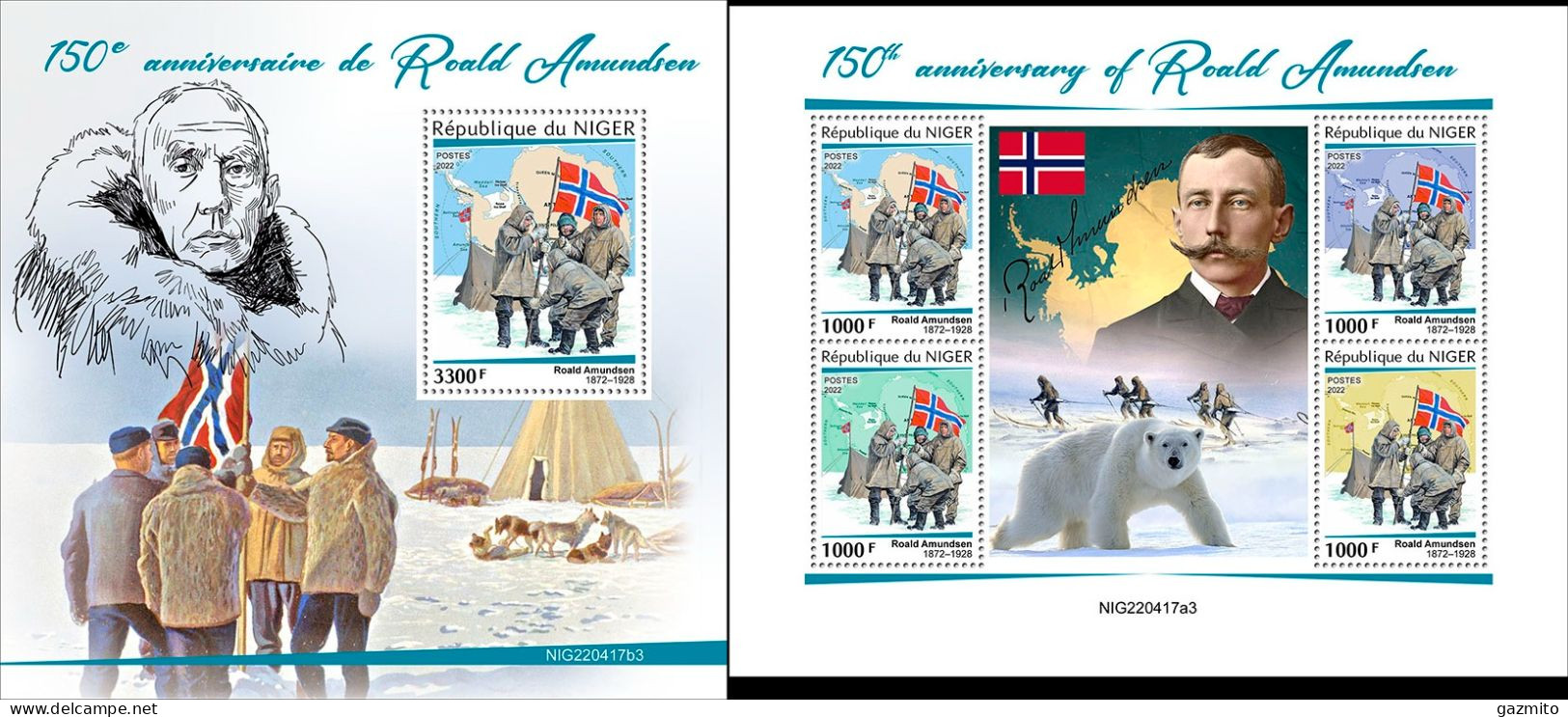 Niger 2022, Explorers, Amundsen III, 4val In BF +BF - Polar Explorers & Famous People