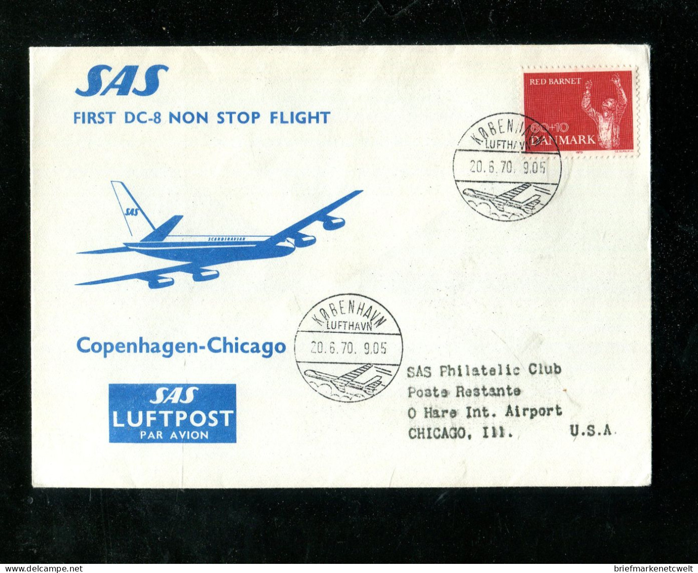 "DAENEMARK" 1970, SAS-Erstflugbrief "Copenhagen-Chigago" (18960) - Poste Aérienne