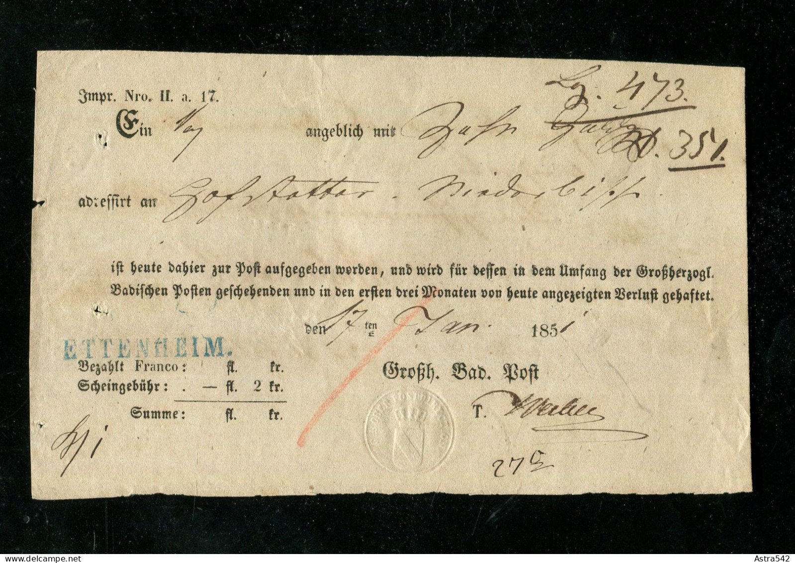 "BADEN" 1851, Postschein "Grossh. Bad. Post", Blauer L1 "ETTENHEIM" (18995) - Lettres & Documents