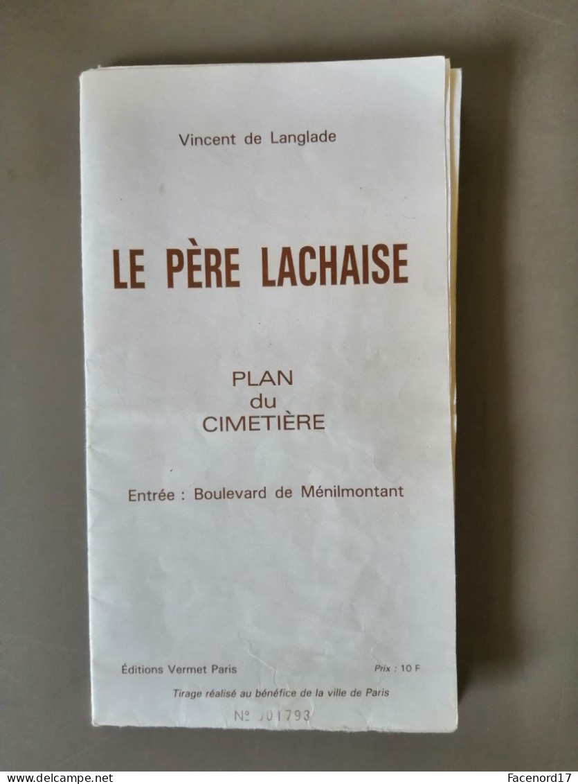 Plan Du Cimetière Du Père Lachaise Vincent De Langlade Editions Vermet - Andere Pläne