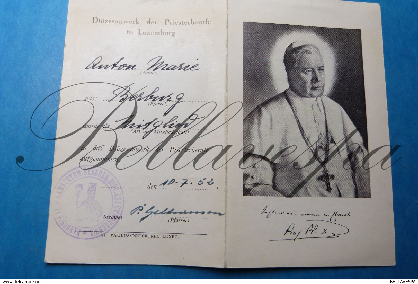 Puy Paus Vaticaan Pope Papa Pape   Pius Pio X Luxemburg 1952 Diozesanwerk Prietserberufe Anton Marie Berburg - Popes