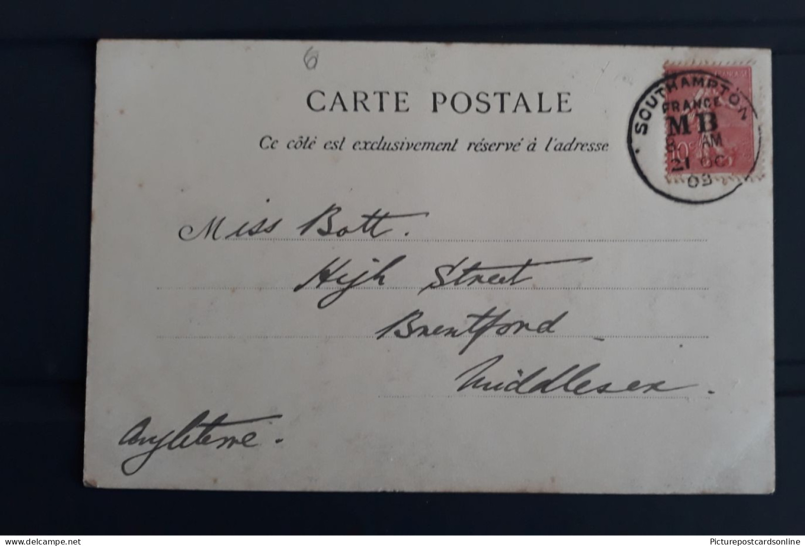 SOUTHAMPTON FRANCE MOVABLE BOX POSTMARK ON OLD FRENCH POSTCARD MB 21 OCT 1903 - Non Classés