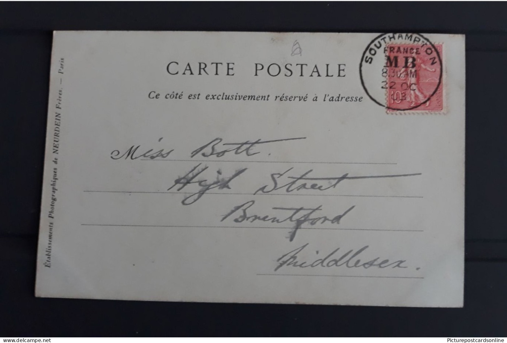 SOUTHAMPTON FRANCE MOVABLE BOX POSTMARK ON OLD FRENCH POSTCARD MB 22 OCT 1903 - Unclassified