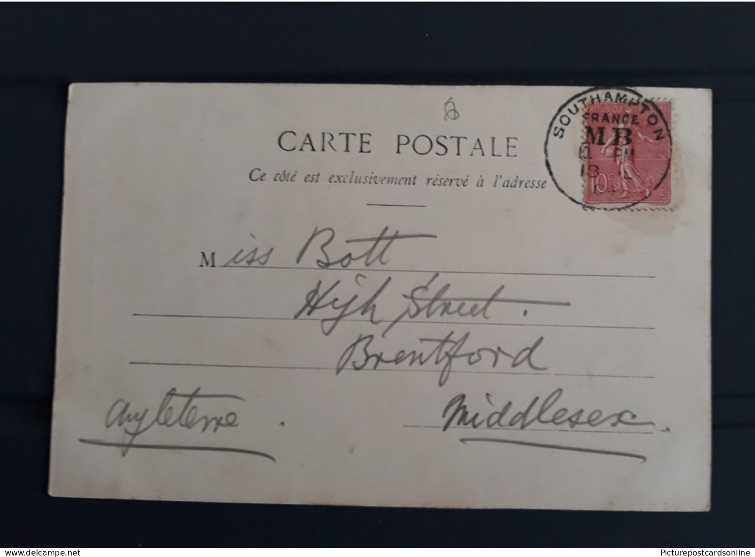 SOUTHAMPTON FRANCE MOVABLE BOX POSTMARK ON OLD FRENCH POSTCARD MB SENT TO MISS BOTT 1904 - Non Classés
