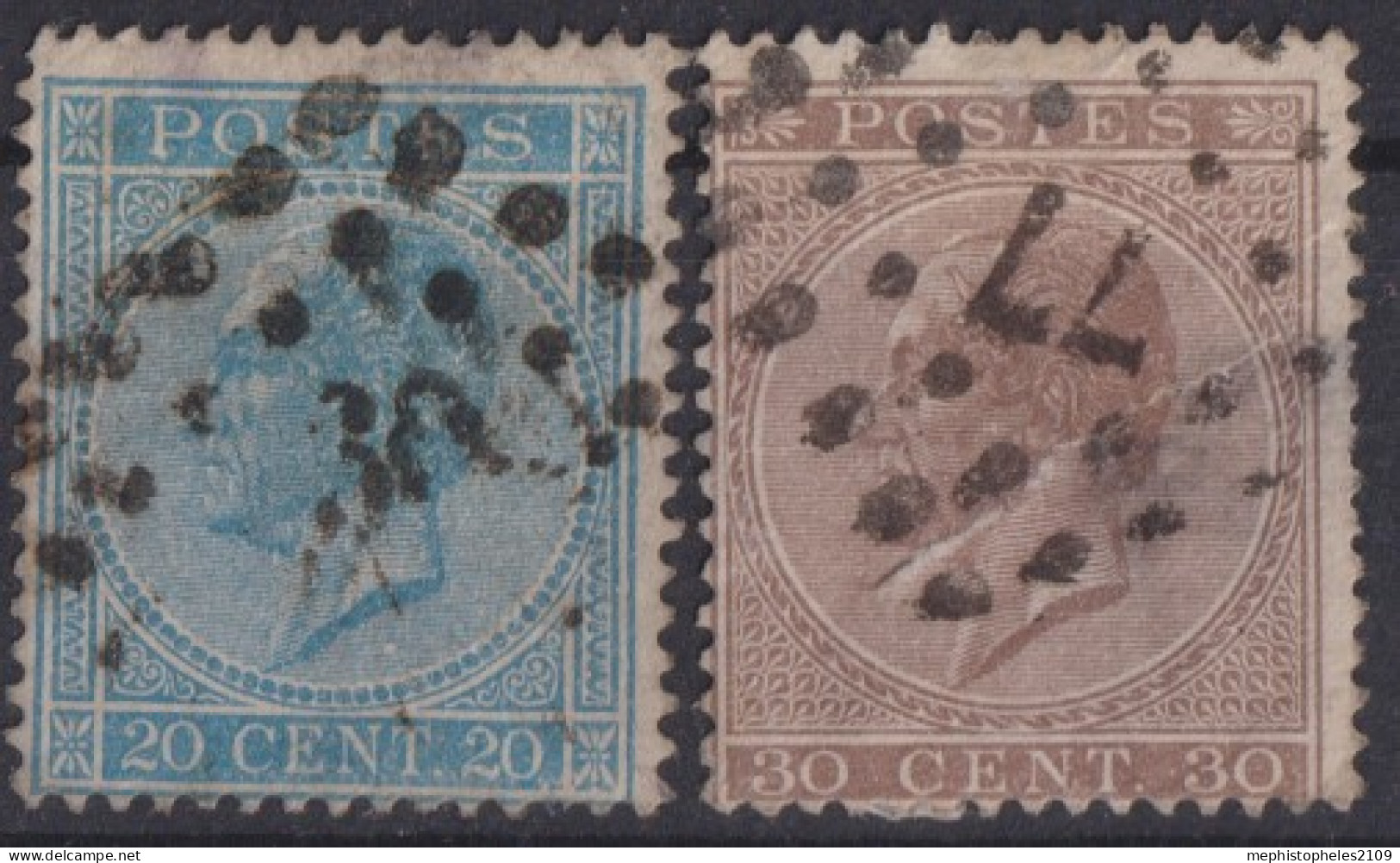 BELGIUM 1867 - Canceled - Sc# 19b, 20a - 1865-1866 Profile Left