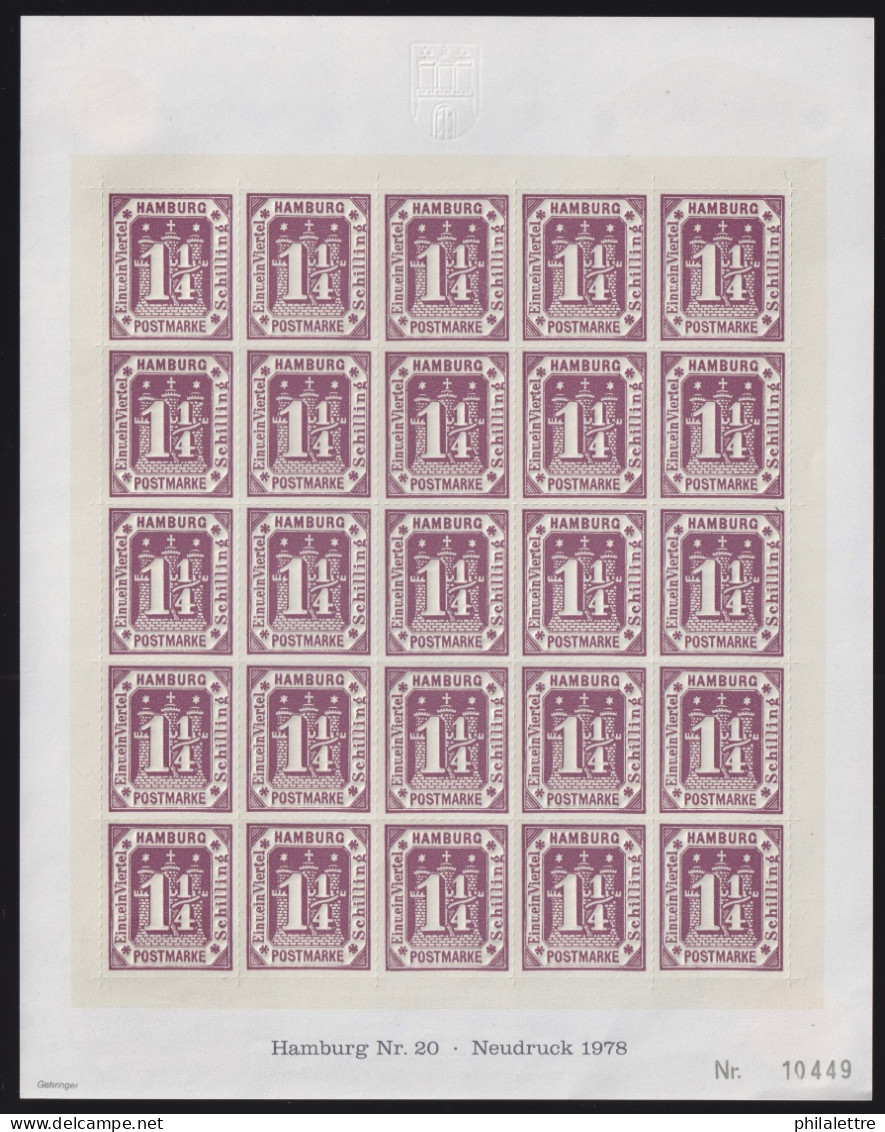 ALLEMAGNE / HAMBURG - Mi.20 1978 NEUDRUCK (Nordposta 78) - Sheet Of 25 - Nr.10449 - Hamburg (Amburgo)