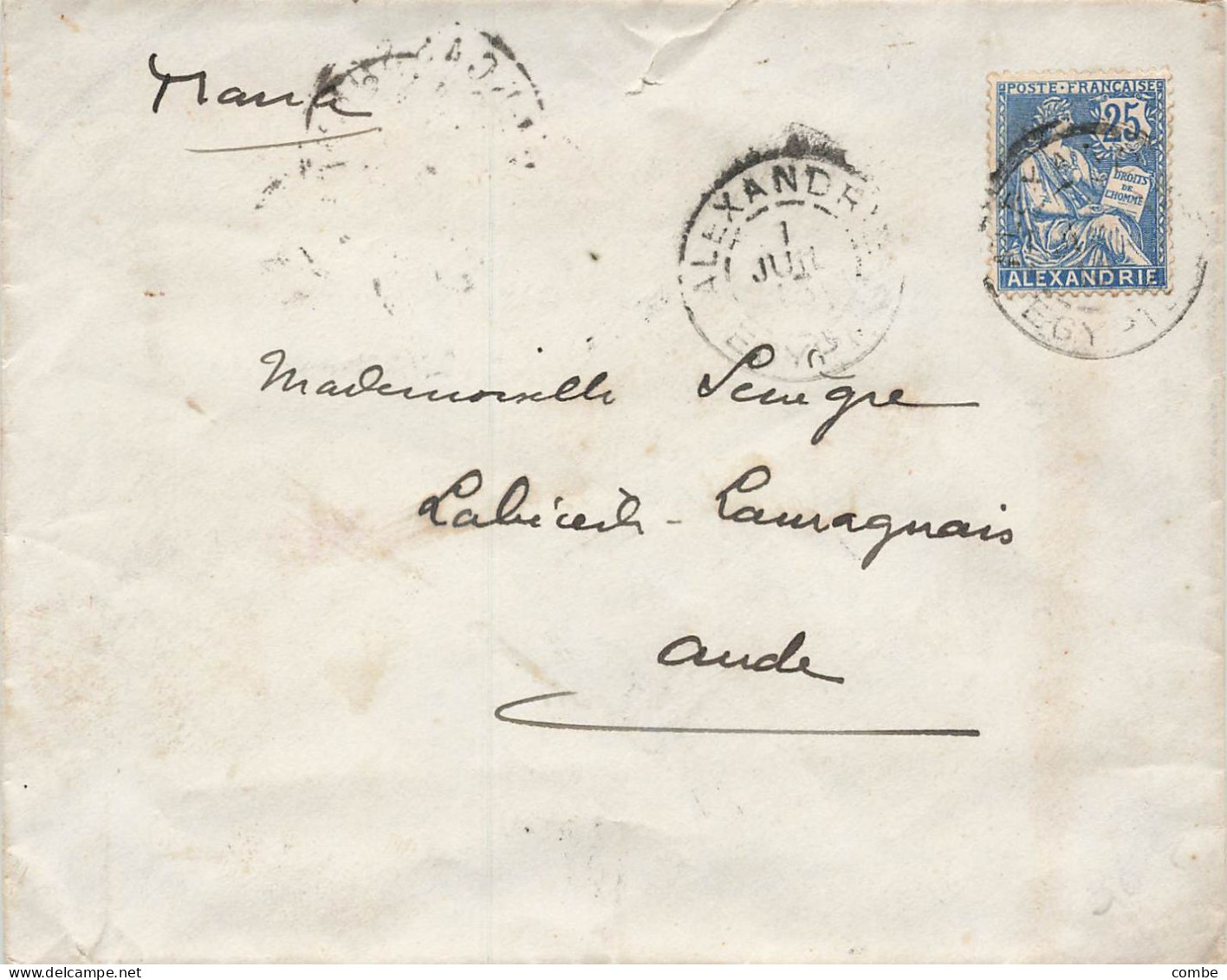 LETTRE. ALEXANDRIE. 1913. MOUCHON 25 SEUL. POUR LABEDERE-LAURAGNAIS AUDE - Lettres & Documents