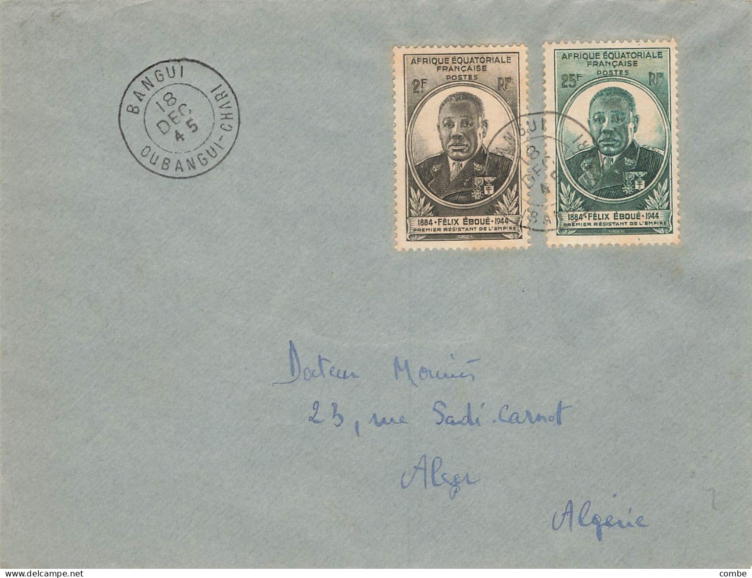 LETTRE. OUBANGUI-CHARI. 1945. FELIX EBOUE 2Fr + 25Fr. BANGUI POUR ALGER - Storia Postale