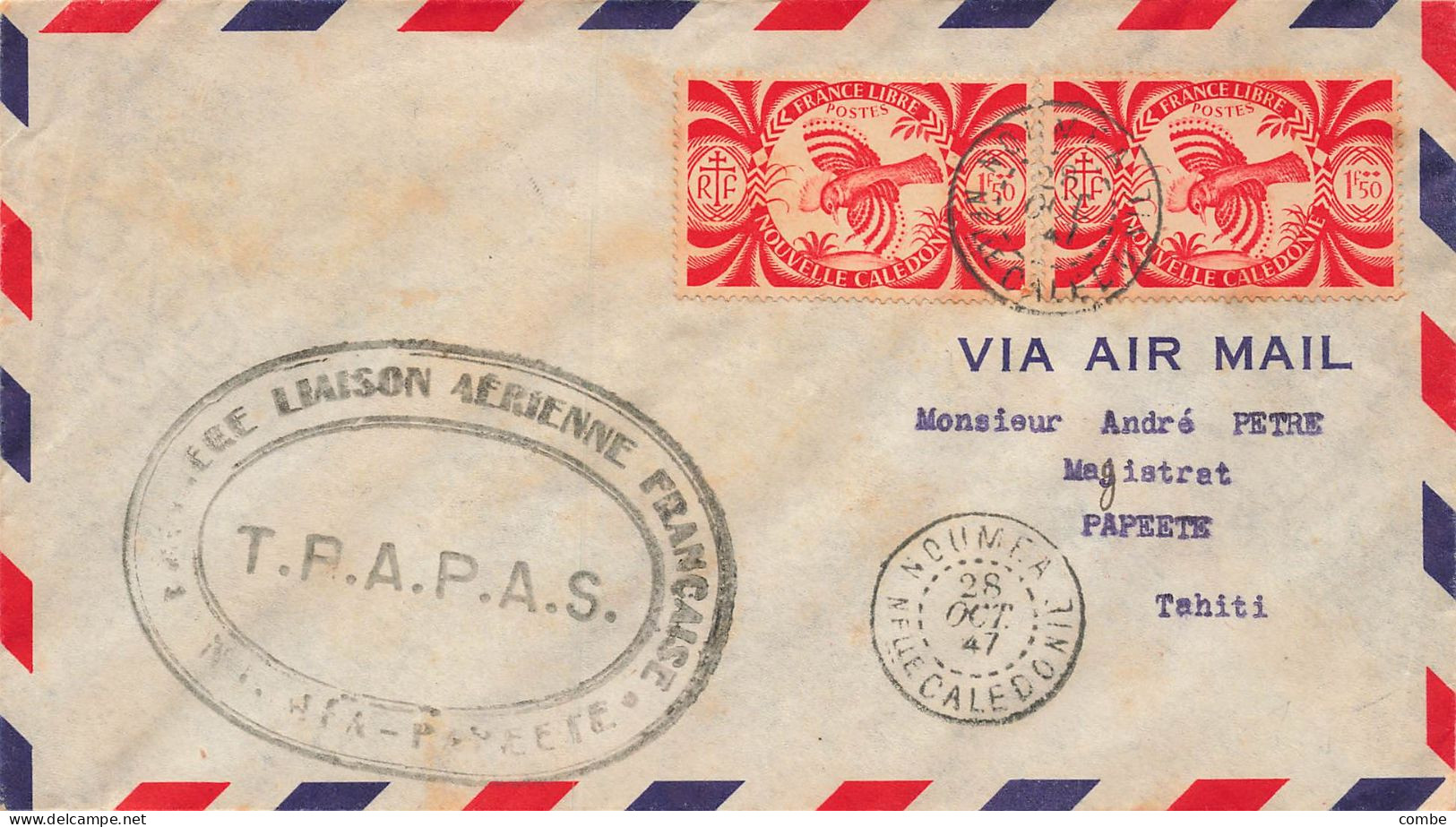 LETTRE. NOUVELLE CALEDONIE. 1947. TRAPAS. AIR MAIL. NOUMEA-PAPEETE - Covers & Documents