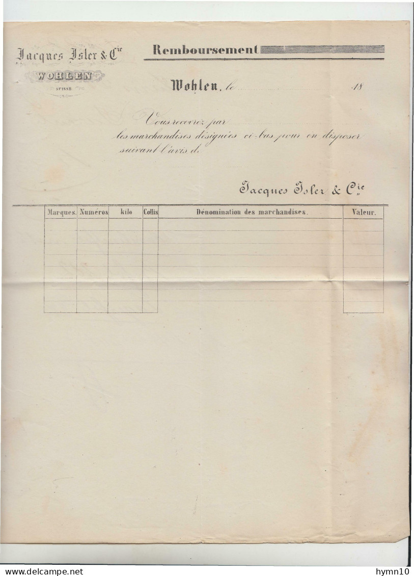 1888 SCHWEIZ Firma Jacques ASLER In WOHLEN+REMBOURSEMENT-D233 - Suisse