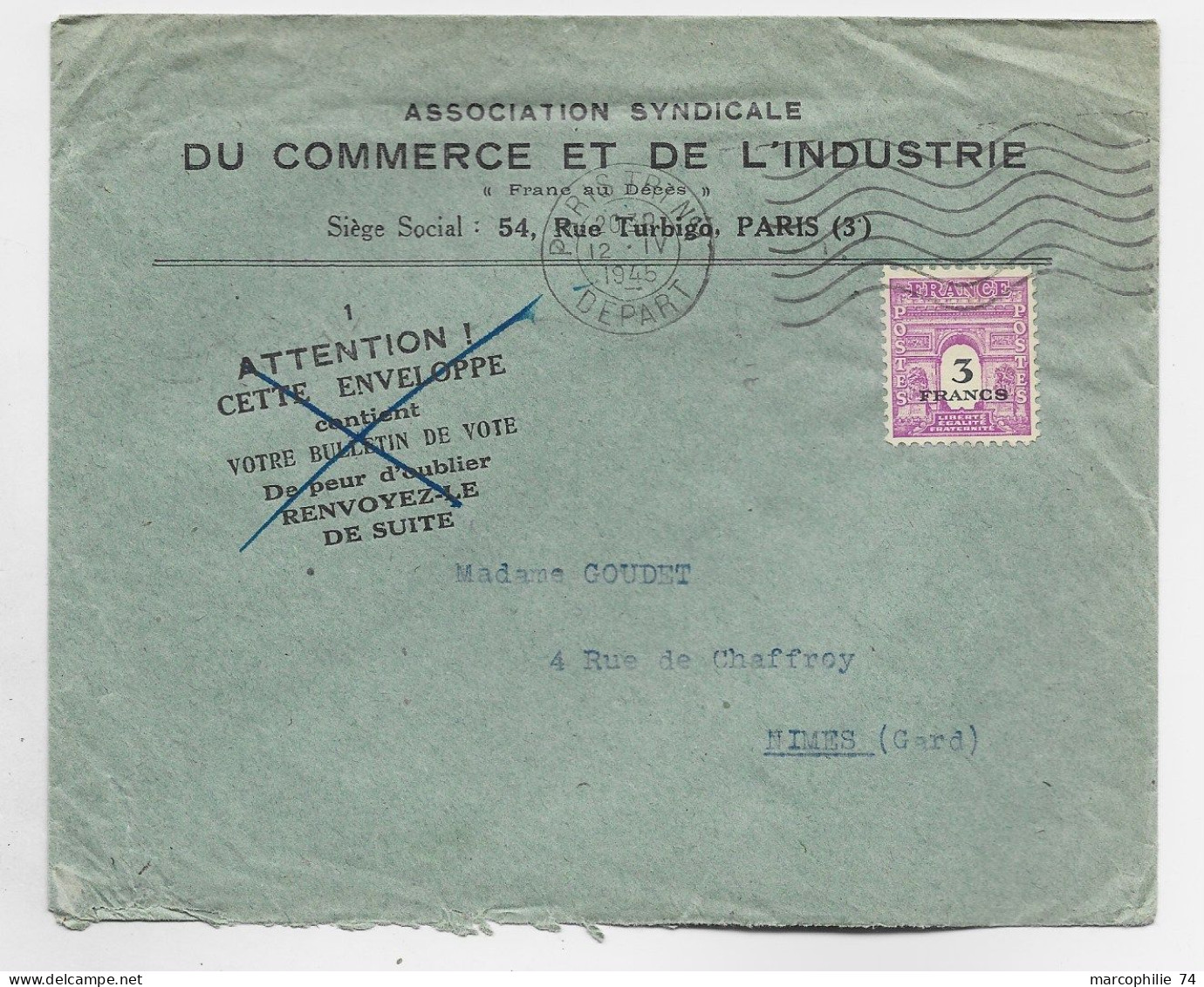 FRANCE ARC TRIOMPHE 3FR SEUL LETTRE PARIS 12.IV .1945 AU TARIF 2EME PEU COMMUN - 1944-45 Arc De Triomphe