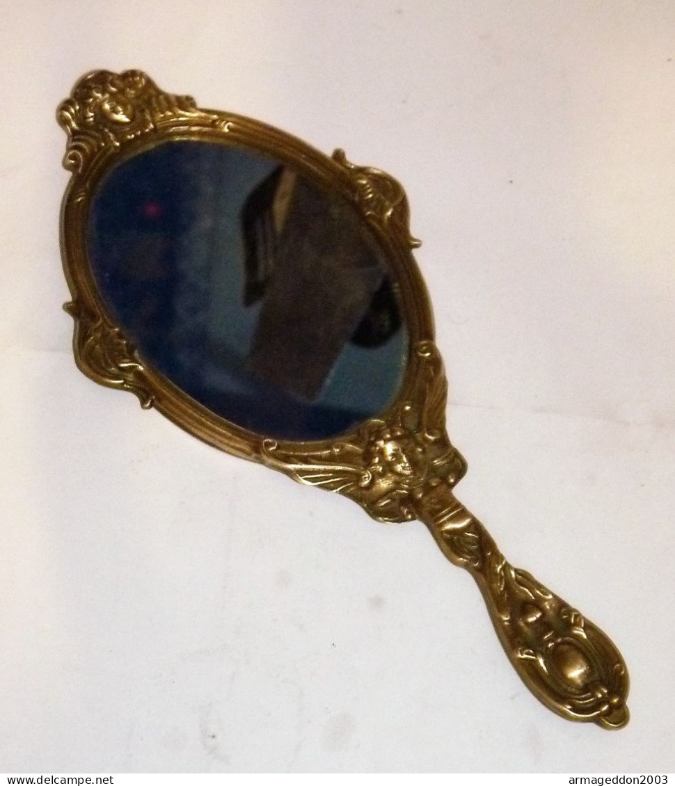 ANCIEN MIROIR A MAIN EN BRONZE CISELE ANGE BEBE TETE DE FEMME TBE PROPRE - Miroirs