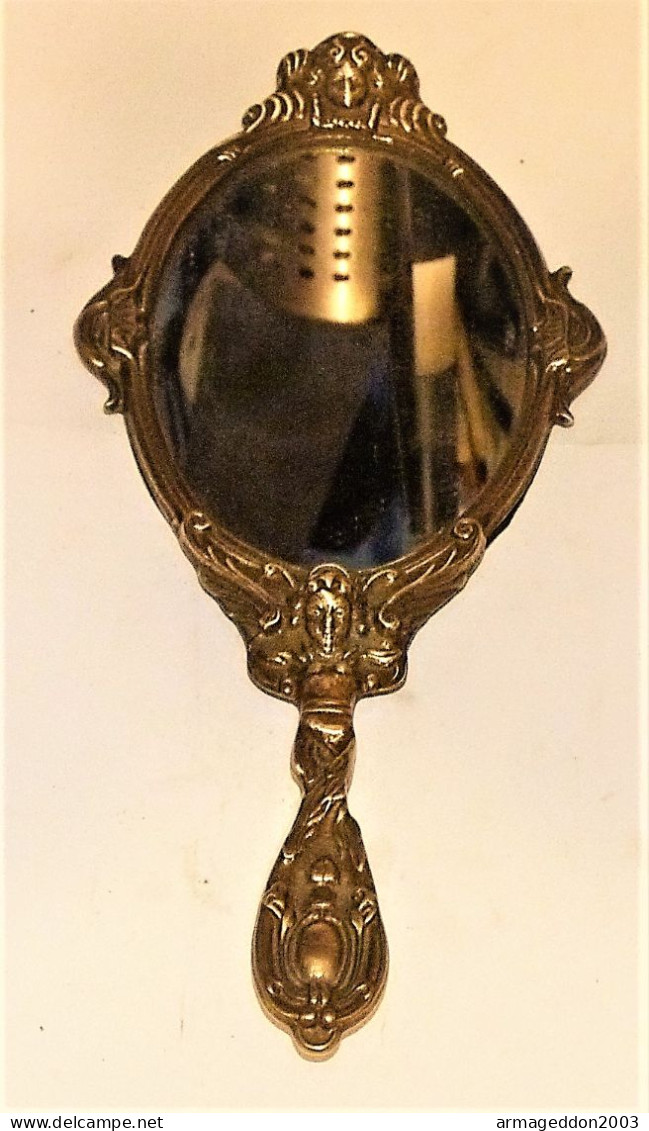 ANCIEN MIROIR A MAIN EN BRONZE CISELE ANGE BEBE TETE DE FEMME TBE PROPRE - Spiegel