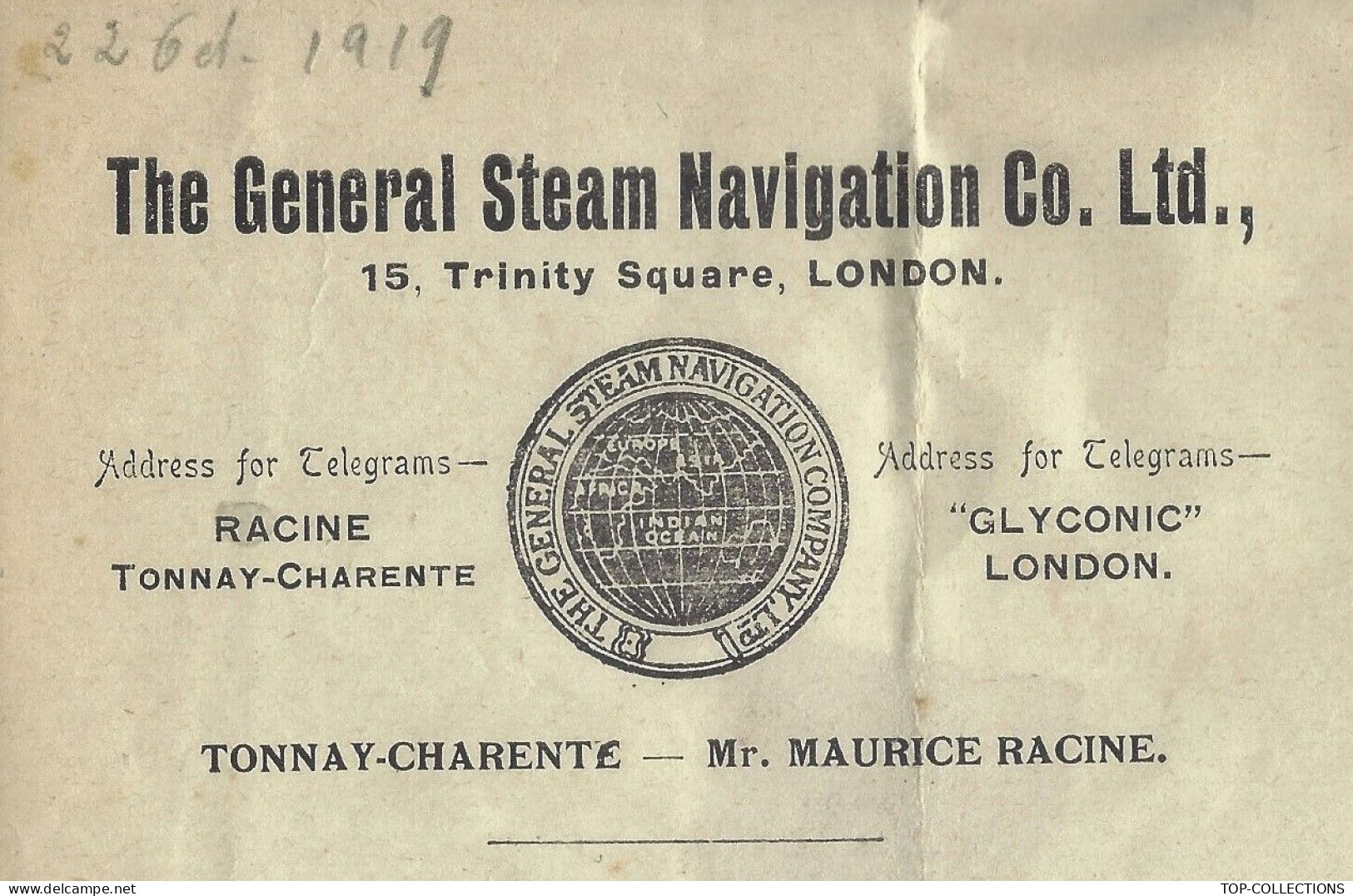 1919 TRES GRAND FORMAT BILL OF LADING CONNAISSEMENTGénéral Steam Navigation Tonnay Charente London CASES Of Brandy - 1900 – 1949