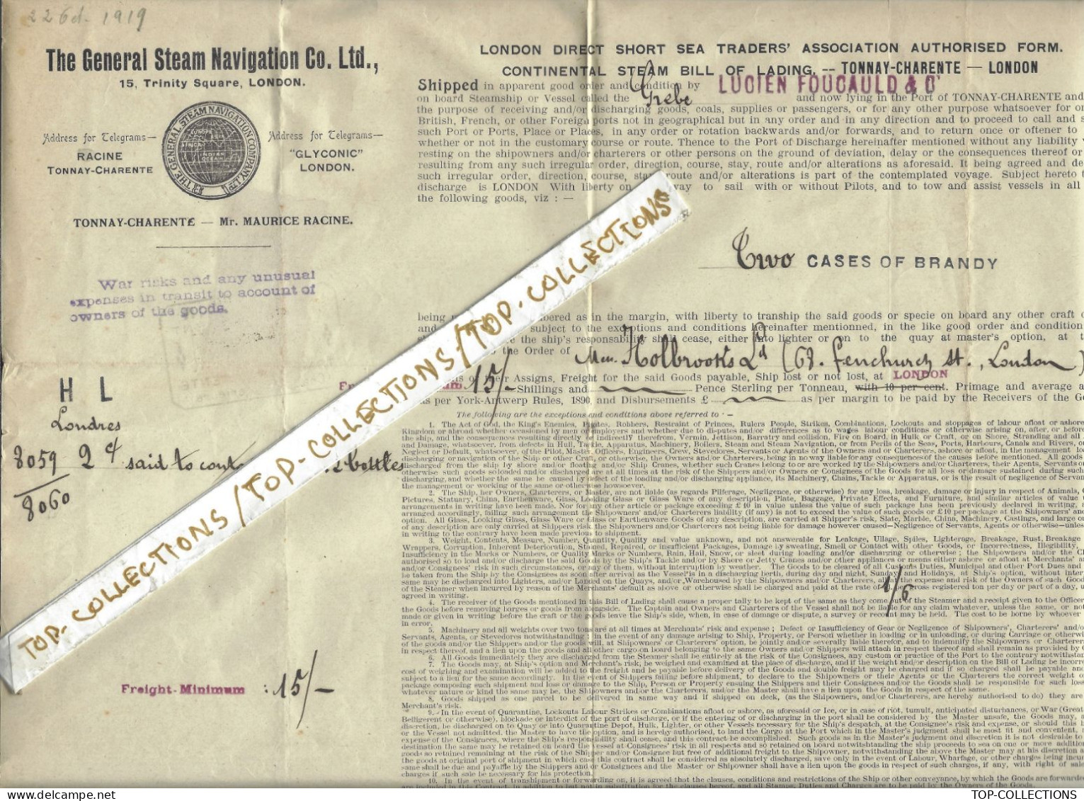 1919 TRES GRAND FORMAT BILL OF LADING CONNAISSEMENTGénéral Steam Navigation Tonnay Charente London CASES Of Brandy - 1900 – 1949