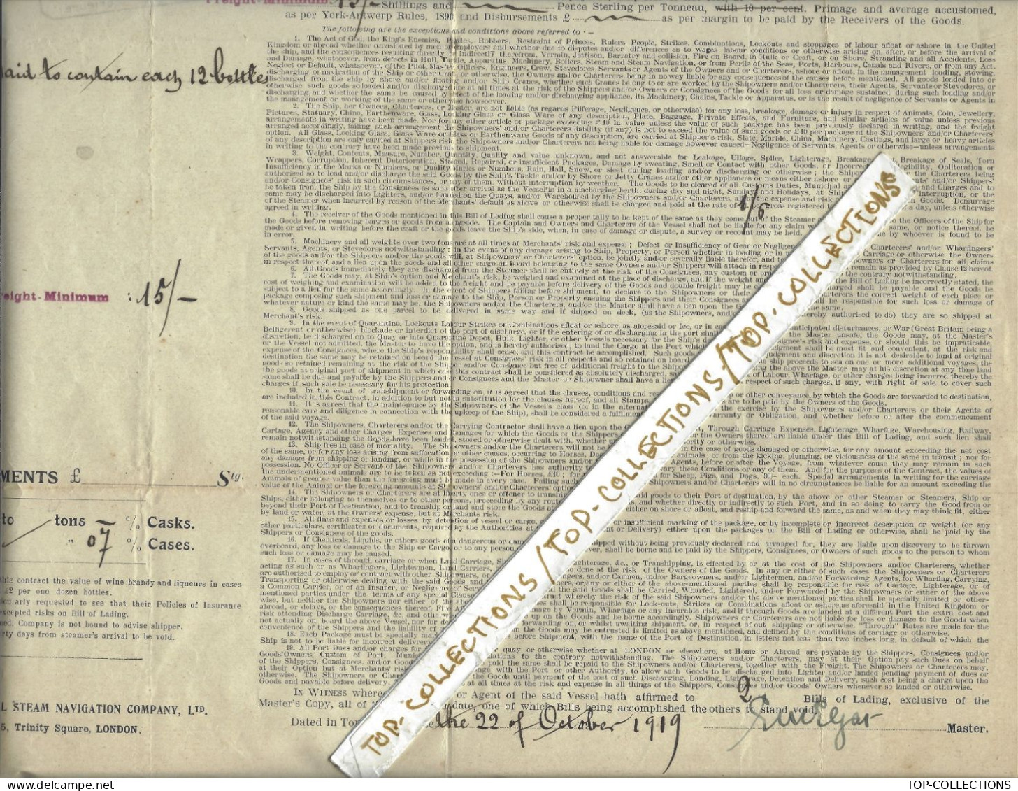 1919 TRES GRAND FORMAT BILL OF LADING CONNAISSEMENTGénéral Steam Navigation Tonnay Charente London CASES Of Brandy - 1900 – 1949