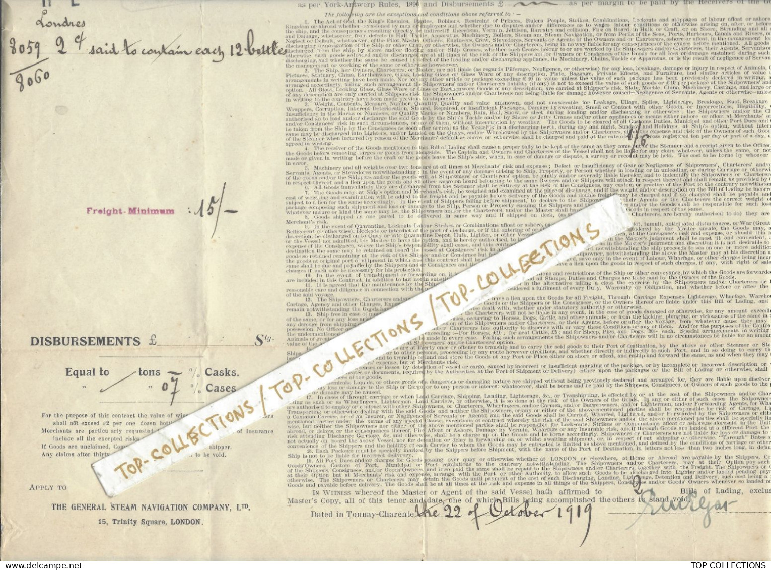 1919 TRES GRAND FORMAT BILL OF LADING CONNAISSEMENTGénéral Steam Navigation Tonnay Charente London CASES of Brandy