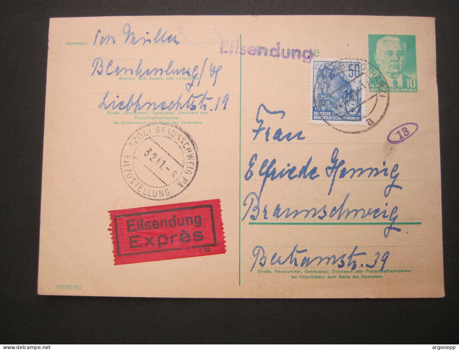 1961 , 10 Pfg. Ganzsache Als Eilkarte  Aus Blankenburg - Postales - Usados