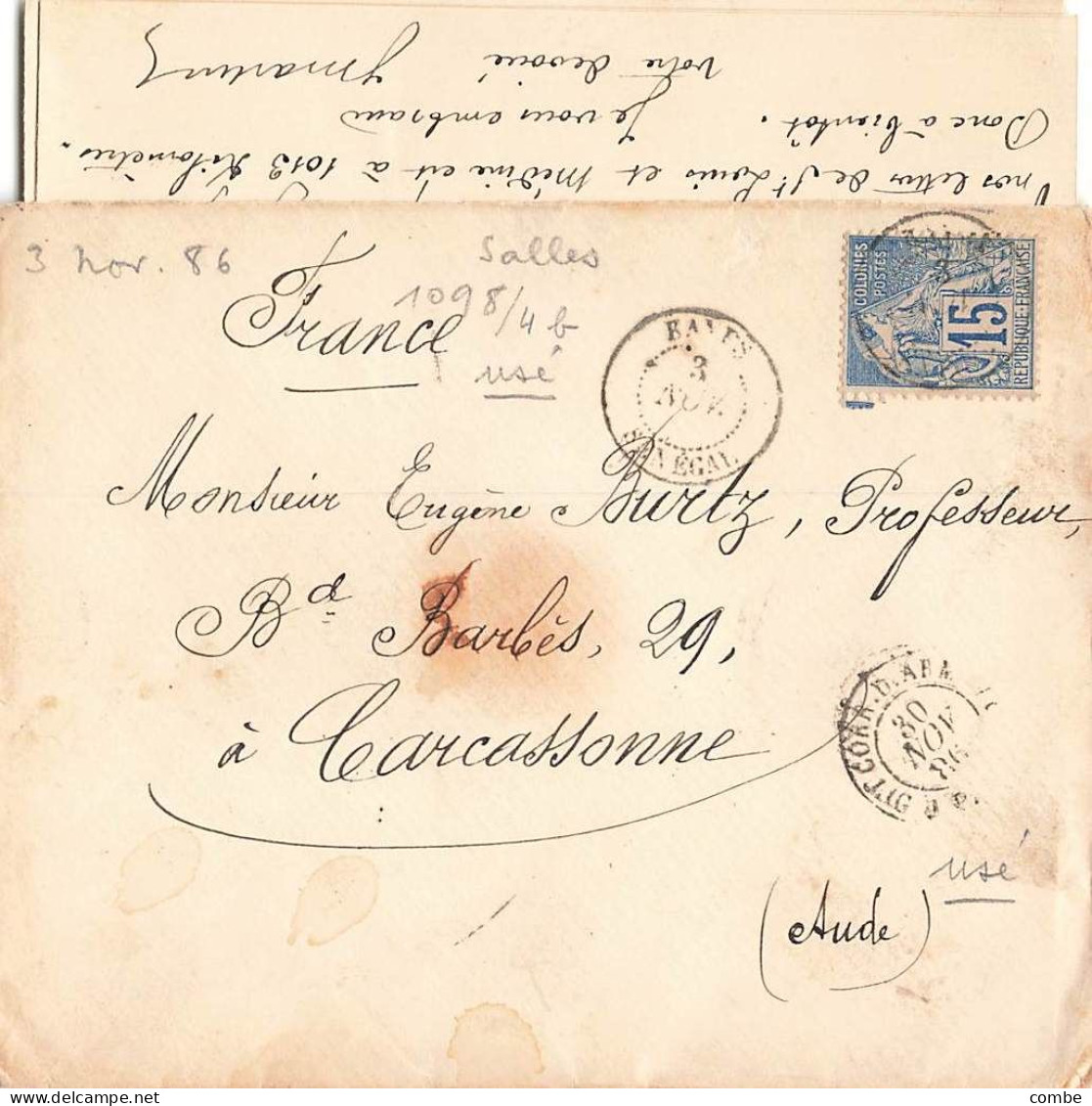 SOUDAN. LETTRE. 1886. KAYES SENEGAL. CORR.D.ARM LIG J PAQ. DE MEDINE POUR CARCASSONNE. TEXTE EXTRAORDINAIRE ESCLAVAGE - Lettres & Documents