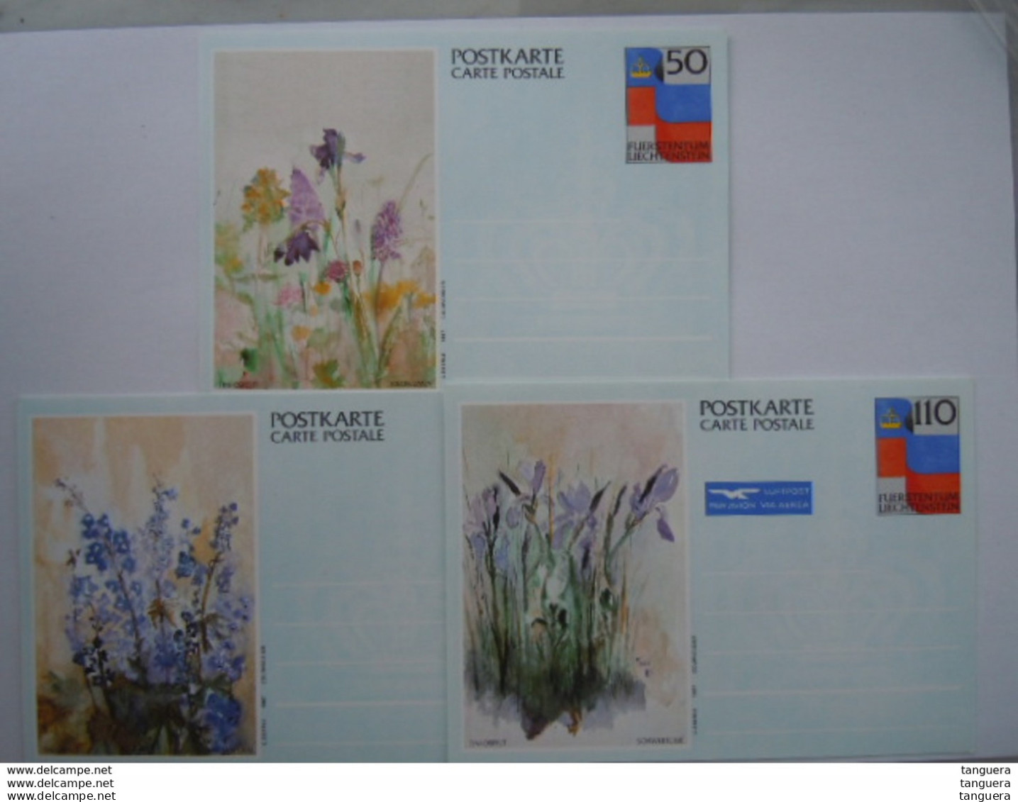 Liechtenstein Entier Postal 3 Carte Postal Postkarte Fleurs Par Tini Ospelt - Postwaardestukken