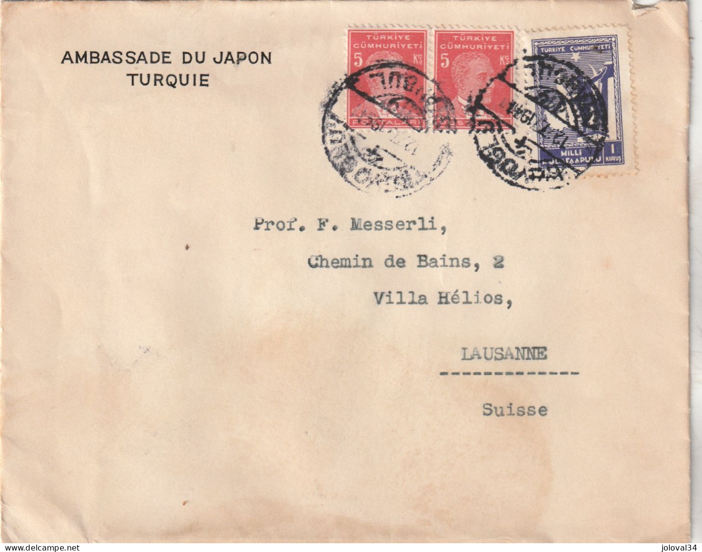 Turquie Lettre Entête Ambassade Du Japon ISTANBUL 12/7/1941 Pour Lausanne Suisse - Brieven En Documenten