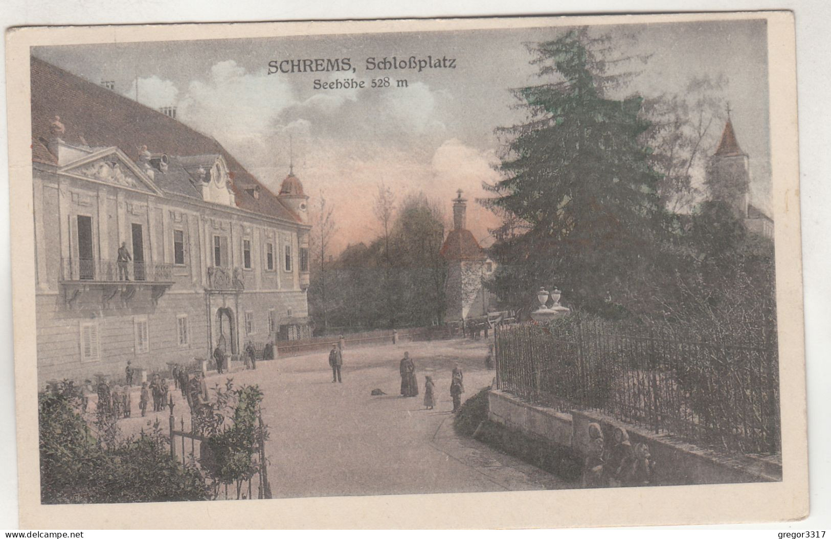 D2880) SCHREMS - Schloßplatz - Colorierte Alte Ansicht Zäune Häuser Personen 1924 - Schrems