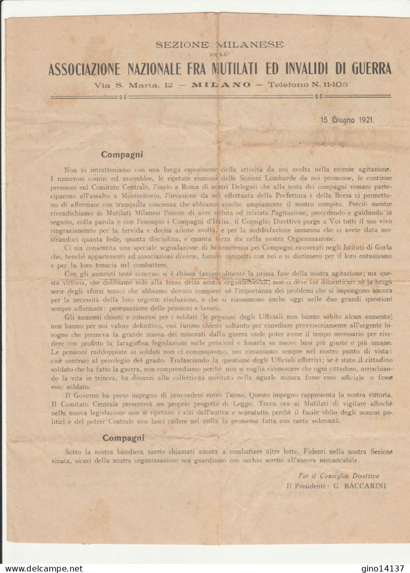 Circolare ASSOCIAZIONE NAZIONALE MUTILATI ED INVALIDI DI GUERRA MILANO 1921 - Decreti & Leggi