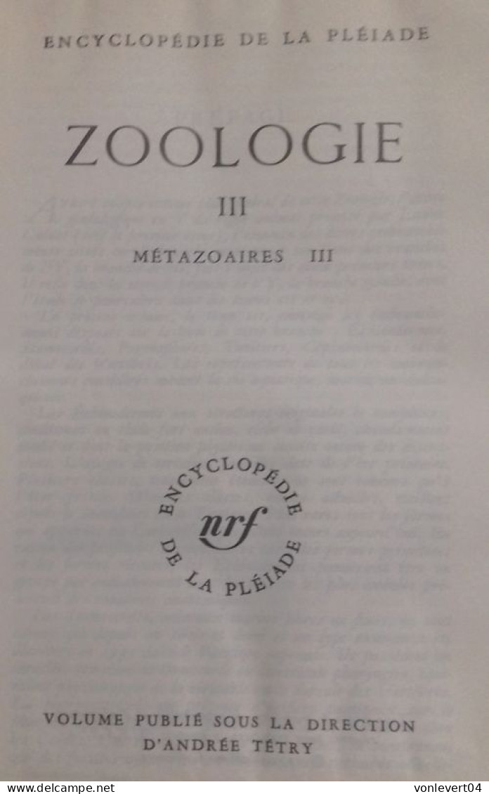 livre Zoologie 1 - encyclopédie de la Pléiade - en 1963, RARE