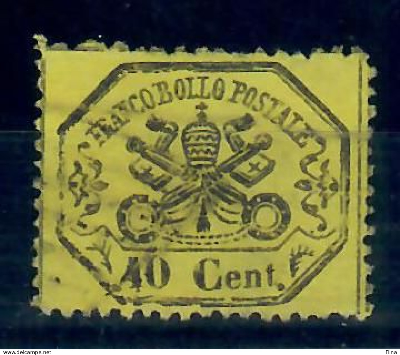 VATICANO STATO PONTIFICIO 1868 40 CENTESIMI GIALLO LIMONE USATO CON CERTIFICATO - ...-1929 Prephilately