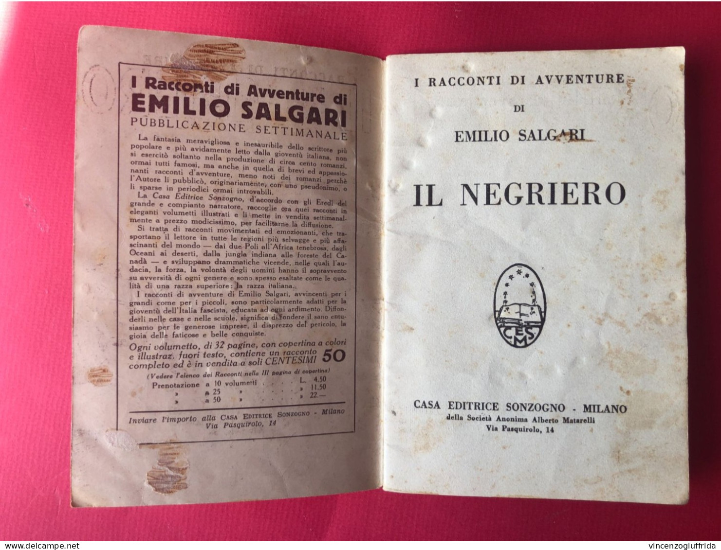 Libro RACCONTI Di AVVENTURE DI SALGARI N.29 - IL NEGRIERO - Sonzogno 1935* - Clásicos