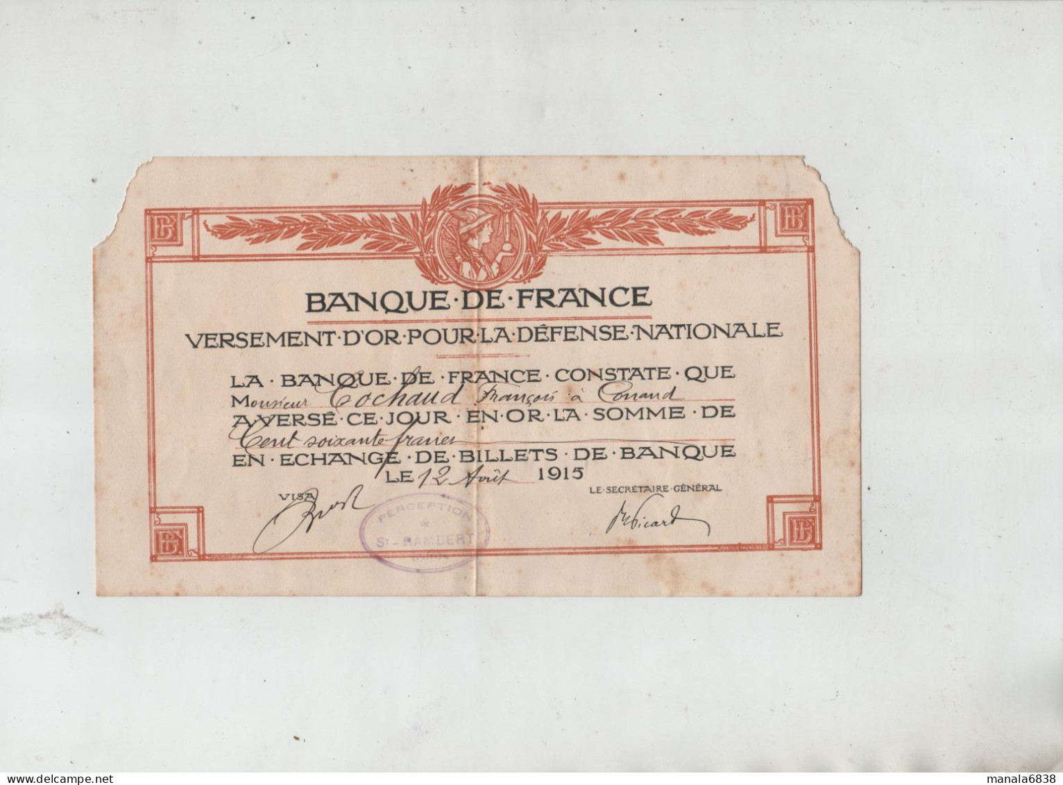 Banque De France Versement D'or Défense Nationale Cochaud Conand Ain 1915 - Non Classés