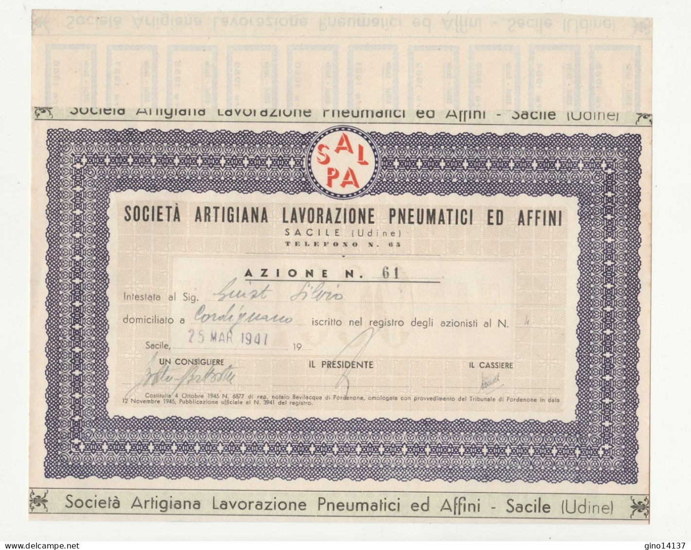 AZIONI SALPA SOCIETA' ARTIGIANA LAVORAZIONE PNEUMATICI SACILE 1941 ( FRIULI ) - A - C