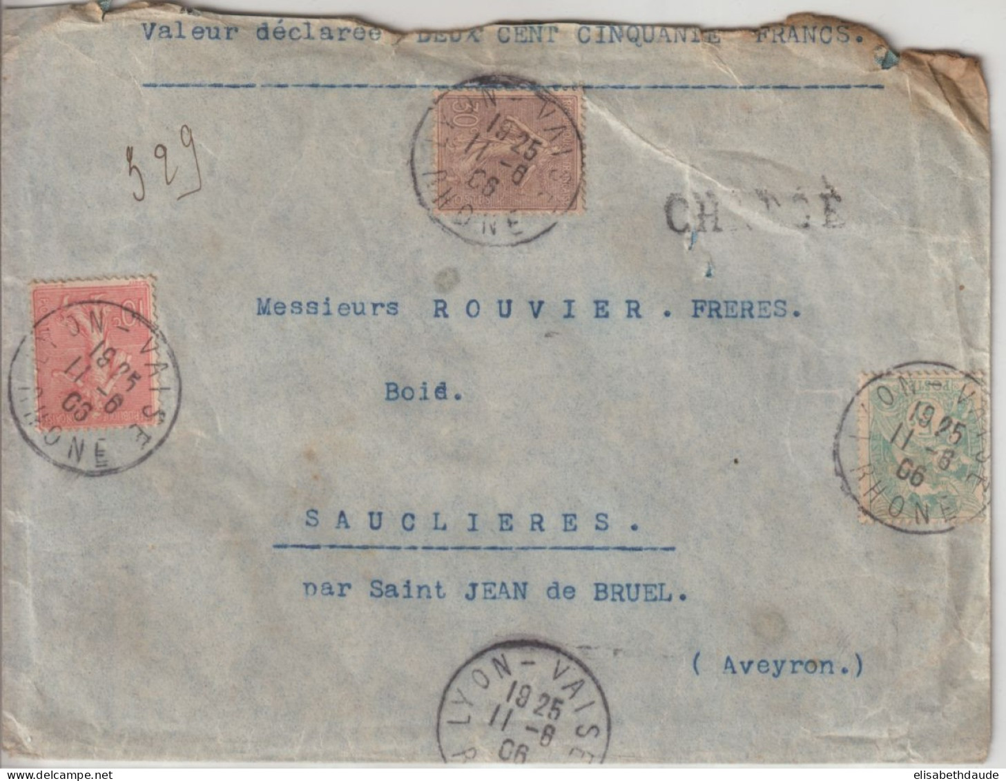 1906 - ENVELOPPE CHARGEE De LYON - BLANC / SEMEUSE - 1903-60 Semeuse Lignée