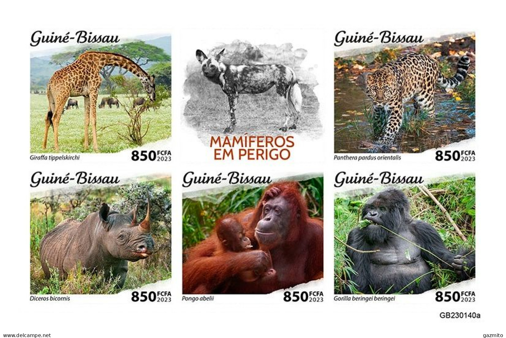 Guinea Bissau 2023, Animals In Danger, Giraffe, Gorillas, Rhino, 5val BF IMPERFORATED - Gorilla