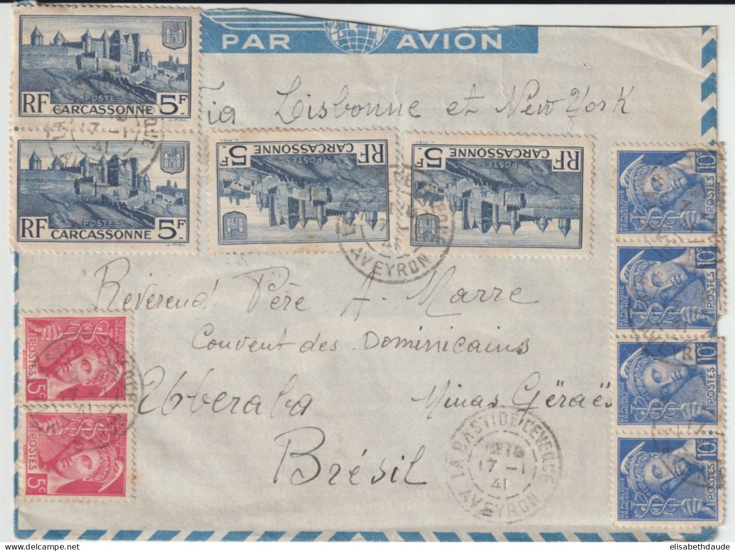 1941 - ENVELOPPE Par AVION De LA BASTIDE L'EVEQUE (AVEYRON) => UBERABA (BRESIL) !! Via LISBONNE Et NEW-YORK - Covers & Documents