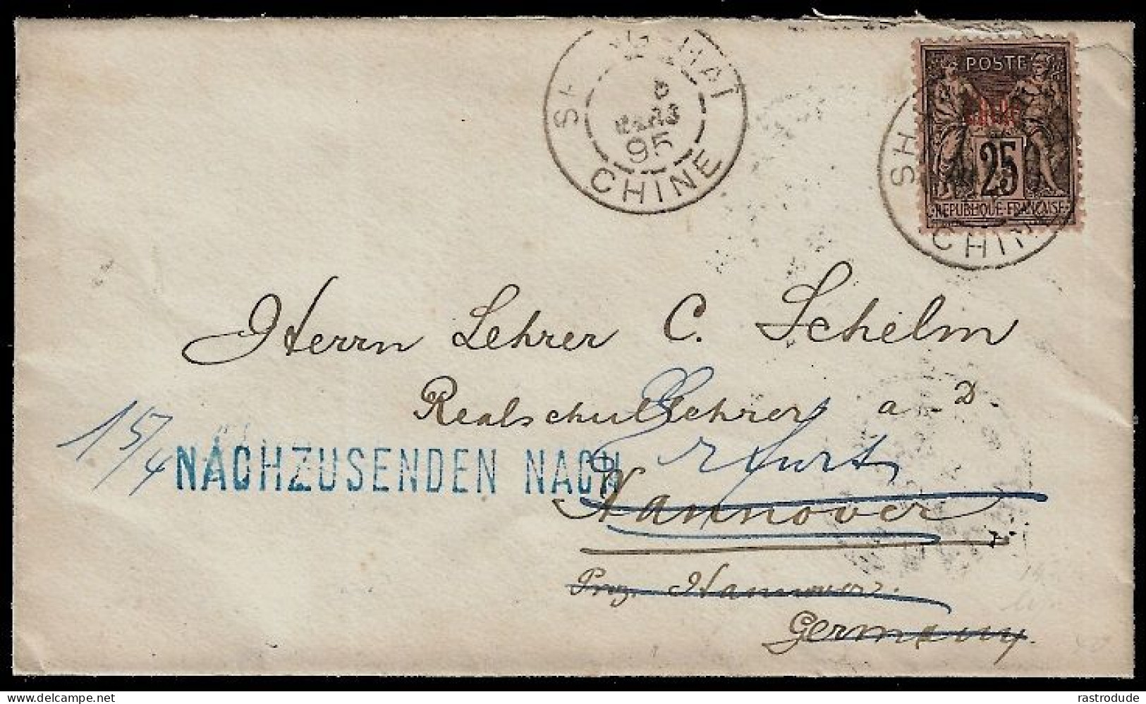 1895 ENVELOPE FRENCH P.O IN CHINA SHANGHAI To GERMANY, REDIRECTED - CUSTOMS CDS DEPARTURE - VERY RARE - Covers & Documents