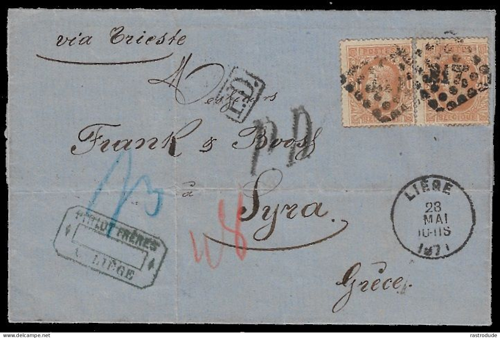 1871 RARE - BELGIUM COVER TO ISLAND OF SYROS, GREECE VIA TRIEST - 1869-1883 Léopold II