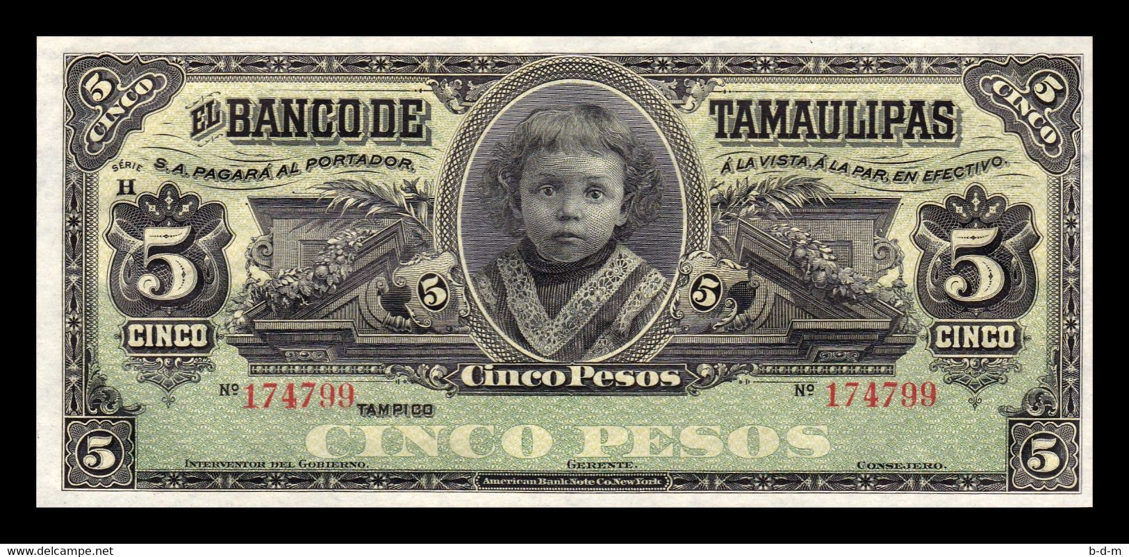 México Banco De Tamaulipas 5 Pesos 1914 Pick S429r Serie H Sc Unc - Mexique