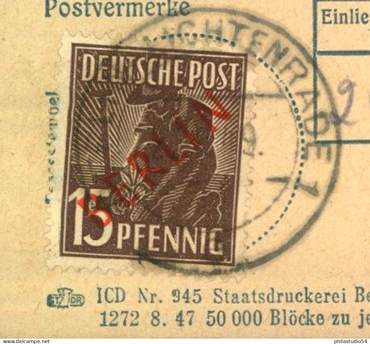 1949, 15 Pfg. Rotaufdruck Auf Einlieferungsschein Flr Ein Paket Ab "BERLIN-LICHTENRADE 1" Nach KG6ln - Sulz - Briefe U. Dokumente
