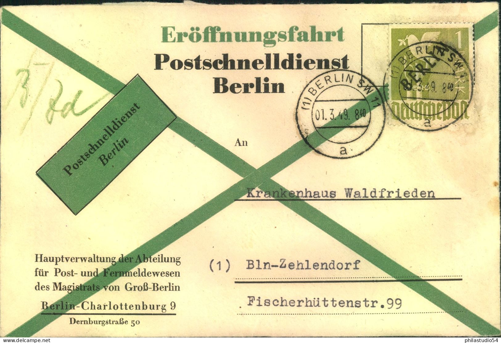 1949, Sonderumschlag Zur Eröffnung Des POSTSCHNELLDIENSTES Frankiert Mit 1 M. Schwarzaufdruck Ab "BERLIN SW 11a 01.3.49" - Cartas & Documentos