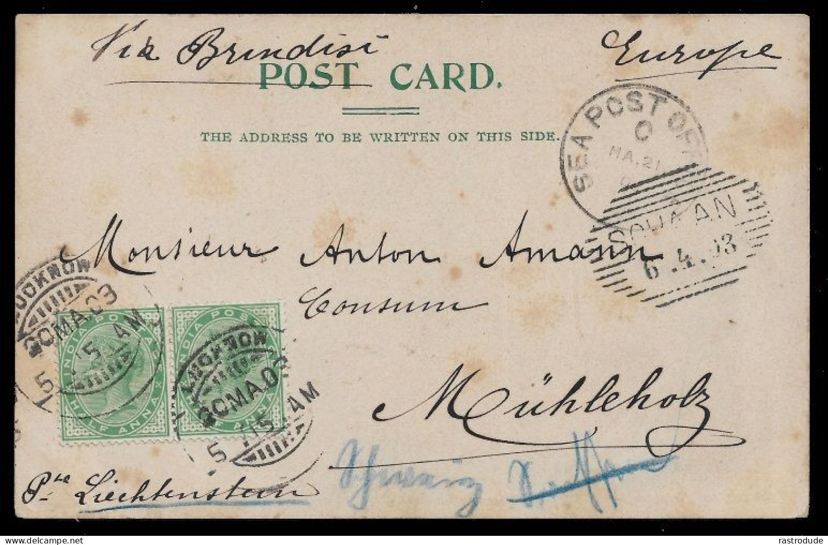 1903 LIECHTENSTEIN INCOMING MAIL FROM INDIA - ONE OF THE RAREST DESTINATIONS FOR A QUEEN VICTORIA ISSUE FROM INDIA - ...-1912 Precursores