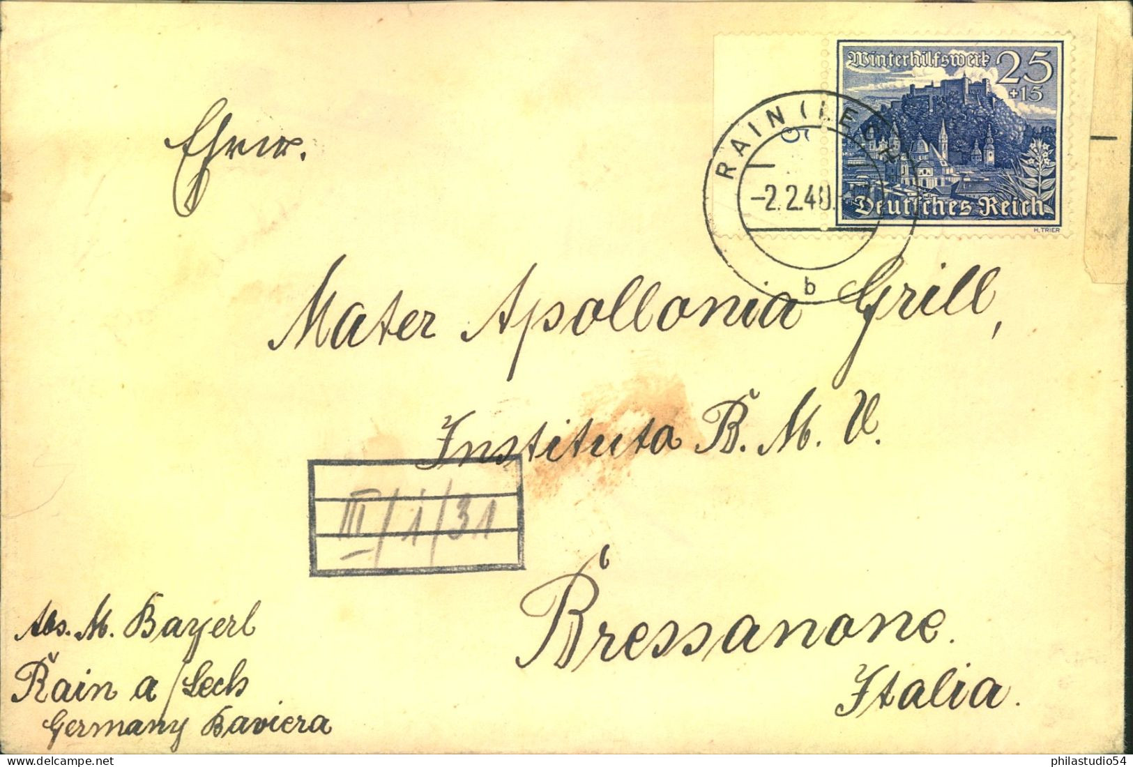 1940, 25 Pf. WHW Als EF Auf Auslandsbrief Ab RAIN (LECH) Nach Italien. OKW Zensur - Lettres & Documents