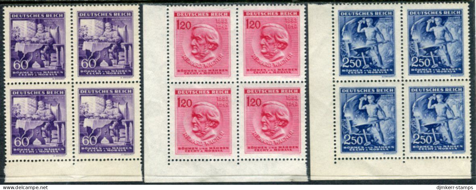 BOHEMIA & MORAVIA 1943 Wagner Anniversary Blocks Of 4 MNH / **.  Michel 128-30 - Unused Stamps